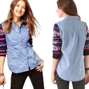 Free People Blue Button Down Shirt with Multicolor Sleeves